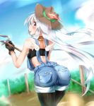  1girl ass back bare_shoulders blush breasts farmer from_behind gloves hat long_hair looking_back open_mouth original overalls parted_lips pitchfork shiny shiny_skin silver_hair solo thigh-highs tubetop very_long_hair violet_eyes 