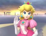  1girl animated animated_gif blonde_hair blue_eyes crown dress gloves lips looking_at_viewer super_mario_bros. princess_peach super_mario_bros. super_smash_bros. waving 