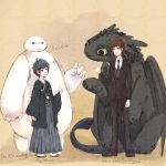  2boys 2others baymax big_hero_6 crossover disney dragon dreamworks hiccup_horrendous_haddock_iii highres hiro_hamada how_to_train_your_dragon kimono marvel multiple_boys robot suit toothless 