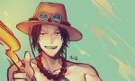  1boy fire freckles hat jewelry necklace one_piece portgas_d_ace sanme solo stampede_string tattoo topless 