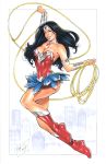  1girl bare_shoulders black_hair blue_eyes boots choker city dc_comics elias_chatzoudis flying lasso lasso_of_truth princess pteruges red_shoes shoes sleeveless smile solo strapless tiara vambraces wonder_woman wonder_woman_(series) 