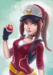  1girl alternate_eye_color baseball_cap belt black_gloves breasts brown_eyes brown_hair choker closed_mouth contrapposto female_protagonist_(pokemon_go) fingerless_gloves gloves hat holding holding_poke_ball jun_roar lips long_hair looking_at_viewer nose poke_ball poke_ball_print pokemon pokemon_go ponytail red_choker small_breasts solo 