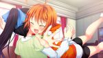  1girl chuablesoft closed_eyes curtains fang game_cg happy highres kunai_uri namanie noblesse_of_rouge open_mouth orange_hair short_hair tani_an 
