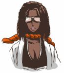  1girl bleach breasts brown_hair cleavage dark_skin genderswap goggles hairlocs lipstick lowres makeup photoshop rosel-d scarf shihackusho shinigami tousen_kaname 