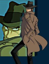  1boy black_hair coat hands_in_pockets hat lupin_iii male_focus solo trench_coat zenigata_kouichi zoom_layer 