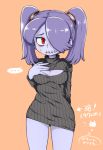  1girl artist_request blue_hair blue_skin blush breasts hair_over_one_eye open-chest_sweater red_eyes skullgirls squigly_(skullgirls) stitched_mouth sweater translation_request twintails zombie 