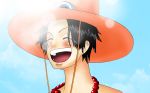  1boy blue_sky freckles hat highres jewelry necklace one_piece open_mouth portgas_d_ace sky smile solo stampede_string topless trafargar_low 