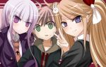  1boy 2girls ahoge blue_eyes dangan_ronpa dangan_ronpa_1 enoshima_junko green_eyes hair_ribbon highres jontake kirigiri_kyouko multiple_girls naegi_makoto necktie purple_hair ribbon v victory_pose violet_eyes 