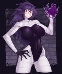  1girl bandage breasts claws clothed_navel cowboy_shot erect_nipples gengar grin hand_on_hip large_breasts long_hair navel personification pokemon purple_hair red_eyes smile solo space_jin standing 