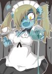  1girl apron blonde_hair blue_skin blush cup disgaea drink fang hair_over_one_eye heart long_hair maid maid_(disgaea) maid_apron maid_headdress makai_senki_disgaea_5 monster_girl nekoderu_(neko_del) open_mouth pointy_ears scar solo tea teacup translation_request twintails yellow_eyes zombie 