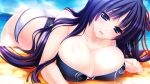  1girl amasaka_takashi ass bikini blue_eyes blush breast_rest breasts cleavage game_cg huge_breasts long_hair looking_at_viewer lying ocean on_stomach purple_hair sky smile solo sweat swimsuit toujou_amane unionism_quartet water 