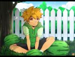  1boy bacchikoi! blonde_hair blue_sky child clouds fence food fruit grass hood hoodie male_focus mikkoukun outdoors shirt short_hair shorts sitting sky smile socks solo summer t-shirt tree watermelon yanai_ichiru yellow_eyes 