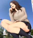  1girl absurdres blue_eyes blush breasts brown_hair building city giantess highres large_breasts legs long_hair looking_at_viewer open_mouth school_uniform skirt sky socks solo squatting thighs tree yadokari_genpachirou 