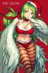  1girl camisole christmas donquixote_pirates green_hair harpy hat merry_christmas monet_(one_piece) monster_girl one_piece patterned_legwear sanme santa_hat striped striped_legwear wings 