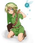  1boy blonde_hair blue_eyes child clenched_hand hat kneeling link looking_at_viewer male_focus mimitchilove navi pointy_ears shiny shiny_skin simple_background solo the_legend_of_zelda the_legend_of_zelda:_ocarina_of_time white_background young_link younger 