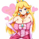 1girl artist_request blonde_hair blue_eyes blush breasts brooch bursting_breasts character_name cleavage contrapposto crown dress earrings elbow_gloves gloves hand_on_hip heart huge_breasts jewelry large_breasts long_hair looking_at_viewer super_mario_bros. no_bra pendant princess princess_peach smile solo super_mario_bros. 