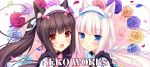  2girls animal_ears bangs blue_eyes blunt_bangs blush bow brown_hair cat_ears chocola_(sayori) eyelashes female flower hair_bow hair_ornament hair_ribbon long_hair looking_at_viewer multiple_girls nekopara open_mouth orange_eyes petals ribbon rose sayori slit_pupils straight_hair tied_hair twintails vanilla_(sayori) waitress white_hair 