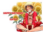  1boy bandanna birthday character_name flower hat male_focus monkey_d_luffy one_piece open_clothes open_shirt sandals sash scar shirt sitting smile solo straw_hat sunflower 