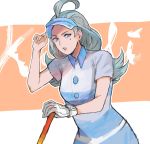  1girl ahoge aqua_hair buttons character_name elite_four gloves golf_club hand_on_headwear highres jyuv kahili_(pokemon) lavender_eyes long_hair looking_away looking_to_the_side mole mole_under_eye open_mouth pokemon pokemon_(game) pokemon_sm shirt short_sleeves single_glove solo striped striped_shirt teeth visor_cap white_gloves 