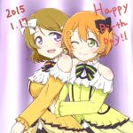  2girls birthday blush brown_hair green_eyes hair_ornament hairpin hoshizora_rin koizumi_hanayo love_live!_school_idol_project multiple_girls orange_hair ribbon violet_eyes wink 