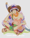  10s 1boy 2015 abs bodypaint bow_(weapon) chin_rest helmet horns indian_style jewelry kirayoci leaning loincloth monkey_d_luffy necklace new_year one_piece sandals scar shorts sitting smile solo topless weapon 