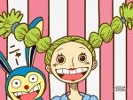  1girl animal chimney_(one_piece) lipstick makeup one_piece rabbit striped striped_background twintails water_7 