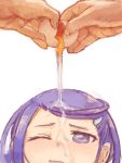  1girl dokidoki!_precure egg food food_on_face kenzaki_makoto precure purple_hair sexually_suggestive solo_focus violet_eyes yuucho 