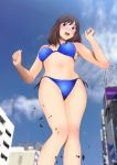  1girl absurdres bikini blue_eyes blush breasts brown_hair building city clouds giantess highres large_breasts legs looking_down navel open_mouth short_hair sky solo standing swimsuit thighs yadokari_genpachirou 