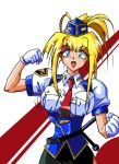  1girl 90s bangs belt between_breasts blonde_hair blue_eyes breasts burn-up fist gloves kinezono_rio large_breasts long_hair looking_at_viewer miniskirt necktie necktie_between_breasts oldschool open_mouth pencil_skirt police police_uniform policewoman ponytail puffy_sleeves short_sleeves side_slit simple_background skirt solo uniform vest white_gloves 