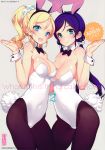  2girls :d animal_ears ayase_eli bare_shoulders blonde_hair blue_eyes body_blush bow bowtie breasts brown_legwear bunny_tail bunnysuit cleavage covered_navel fake_animal_ears green_eyes hairband highres huge_breasts large_breasts legs long_hair looking_at_viewer love_live!_school_idol_project low_twintails multiple_girls ooyari_ashito open_mouth pantyhose ponytail purple_hair rabbit_ears shiny shiny_skin simple_background smile standing tail thighs toujou_nozomi twintails wrist_cuffs 