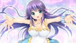  1girl blue_eyes blush braid breasts cleavage game_cg happy huge_breasts jewelry long_hair looking_at_viewer necklace oono_tetsuya open_mouth prism_princess_~futari_no_himekishi_to_kokan_no_monshou~ purple_hair simple_background smile solo 