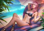  1girl asymmetrical_hair beach beach_chair bikini blue_eyes breasts cleavage commentary final_fantasy final_fantasy_xiii jewelry lightning_farron looking_at_viewer medium_breasts navel necklace nudtawut_thongmai ocean palm_tree parted_lips pink_hair reclining solo swimsuit tree umbrella 
