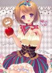  1girl blush brown_hair crossover fairy_tales female food happy hazumi_rio highres jewelry koizumi_hanayo looking_at_viewer love_live!_school_idol_project short_hair skirt solo violet_eyes 