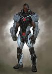  1boy black_hair brown_eyes clenched_hand cyborg cyborg_(dc) dark_skin dc_comics full_body glowing glowing_eyes male_focus mechanical_eye one-eyed parted_lips realistic red_eyes solo standing victor_stone 