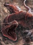  capcom claws monster monster_hunter no_humans open_mouth red_eyes scales tail teeth tigrex wings 