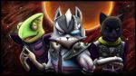  3boys bodysuit elbow_gloves eyepatch flower furry gloves headset jacket kaphonie leon_powalski miiverse multiple_boys nintendo panther_caroso planet rose scar shoulder_pads signature smile space spikes star star_fox wolf_o&#039;donnell 