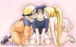  1girl 2boys black_hair blonde_hair brown_eyes forehead_protector gradient gradient_background kiss kneeling long_hair multiple_boys naruko naruto shirt shorts t-shirt twintails uchiha_sasuke uzumaki_naruto 