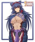  1girl animal_ears armor breasts capcom collar female fishnets hairband huge_breasts kano-0724 monster_hunter nargacuga_(armor) navel red_eyes solo under_boob 