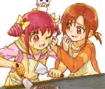  2girls brown_eyes brown_hair cooking hino_akane_(smile_precure!) hoshizora_miyuki multiple_girls okonomiyaki pink_eyes pink_hair precure smile_precure! yuucho 