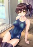  1girl black_legwear breasts brown_hair erect_nipples gluteal_fold green_eyes kaga_(kantai_collection) kantai_collection kotatsu_(kotatsu358) large_breasts parted_lips side_ponytail sitting solo swimsuit thigh-highs 