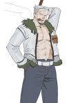  1boy belt cigar gloves hand_in_pocket jacket jitte male_focus marine nude_jacket one_piece simple_background smoker smoking solo weapon white_hair 