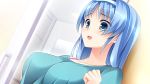  1girl blue_eyes blue_hair breasts door game_cg hairband highres kimishima_ao large_breasts long_hair looking_away mitsu_king ninomiya_mikoto open_mouth otome_ga_kanaderu_koi_no_aria standing zinno 