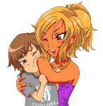  1boy 1girl amputee blonde_hair earrings jewelry necklace ponytail scar tan 