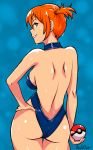  1girl akairiot ass back backless bare_back blue_background breasts cowboy_shot curvy dengeki!_pikachu from_behind green_eyes gym_leader hand_on_hip holding holding_poke_ball kasumi_(pokemon) lips lipstick looking_back makeup one-piece_swimsuit open-back_swimsuit orange_hair pink_lips pink_lipstick poke_ball pokemon redraw short_hair side_ponytail sideboob sideways_mouth smile solo swimsuit thigh_gap wet wet_clothes wet_hair wet_swimsuit 
