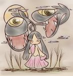  10s alternate_form black_hair concave mawile mega_mawile mega_pokemon moon no_humans pokemon pokemon_(game) pokemon_xy red_eyes smile solo teeth 