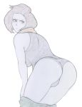  1girl :&lt; amanda_valenciano_libre annoyed antiheld ass back bent_over blush highres looking_at_viewer looking_back metal_gear_(series) metal_gear_solid_peace_walker muted_color panties pants_down scarf short_hair simple_background solo tank_top thighs underwear undressing white_background 