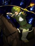  1boy arrow belt boots bow child dark fingerless_gloves fire fire_emblem firing forest gloves gordon_(fire_emblem) green_eyes green_hair horse jacket knee3 male_focus nature night outdoors riding short_hair sky solo tree 