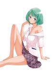  1girl aqua_eyes character_request green_hair highres off_shoulder short_hair simple_background sitting skirt smile solo tadashii_kodomo_no_tsukuri_kata! toto._(nahanahasai) white_background 