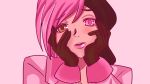  1girl blush brown_eyes brown_hair female gloves hands_on_own_cheeks hands_on_own_face heterochromia looking_at_viewer multicolored_hair neo_(rwby) pink pink_background pink_eyes pink_hair rwby simple_background solo two-tone_hair yandere_trance 