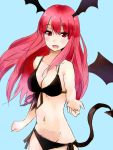  1girl :d bare_shoulders bat_wings bikini black_bikini blue_background blush breasts cleavage collarbone commentary_request demon_tail front-tie_top head_wings highres jpeg_artifacts koakuma long_hair looking_at_viewer nagata_nagato navel open_mouth outstretched_arm red_eyes redhead side-tie_bottom simple_background smile solo swimsuit tail touhou wings 
